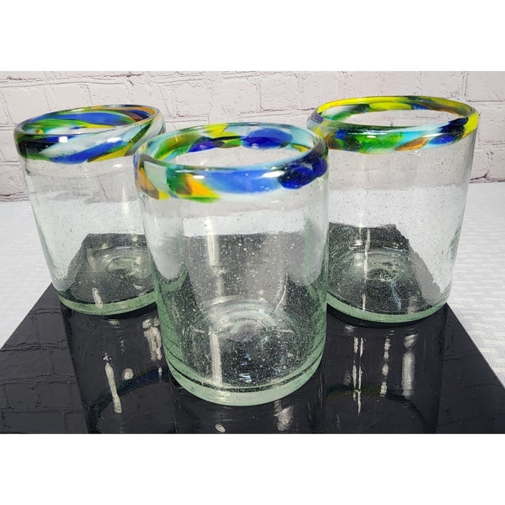 3 Tumblers-Murano or Mexican-Hand-Blown Glass w/ Rainbow Splatter Rim-Confetti
